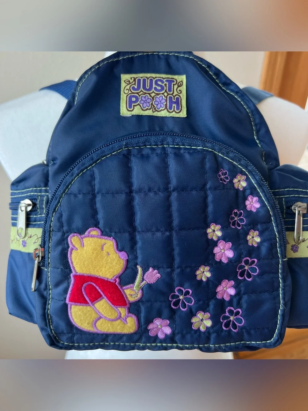 VTG Disney Winnie the Pooh Mini Backpack 90’s Y2K Blue Nylon Side Zip Pockets